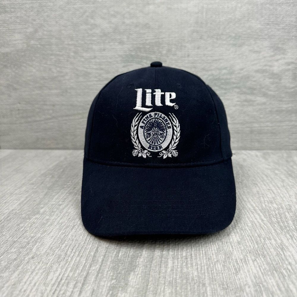 Vintage Miller Lite Hat Cap Snap Back Navy Blue Alcohol Fine Pilsner Beer Crest